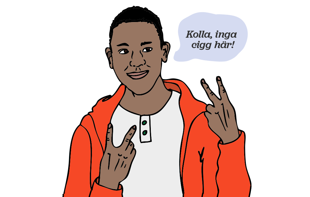 Illustration av en kille som ser glad ut och håller upp handen i ett v-tecken. Han säger: Här är det slutrökt!